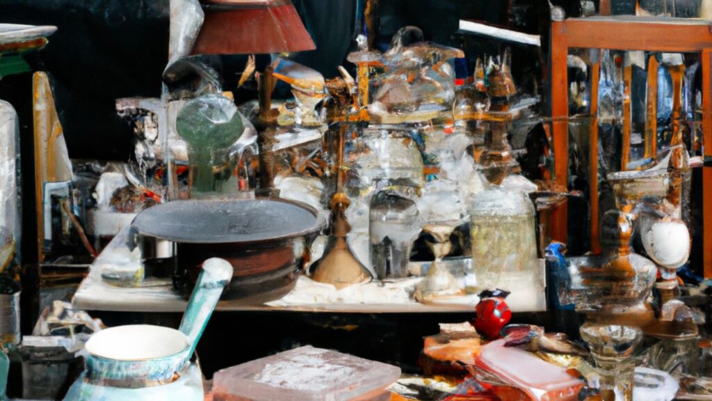 pezzi antichi sul bancone di un negozio di antiquariato